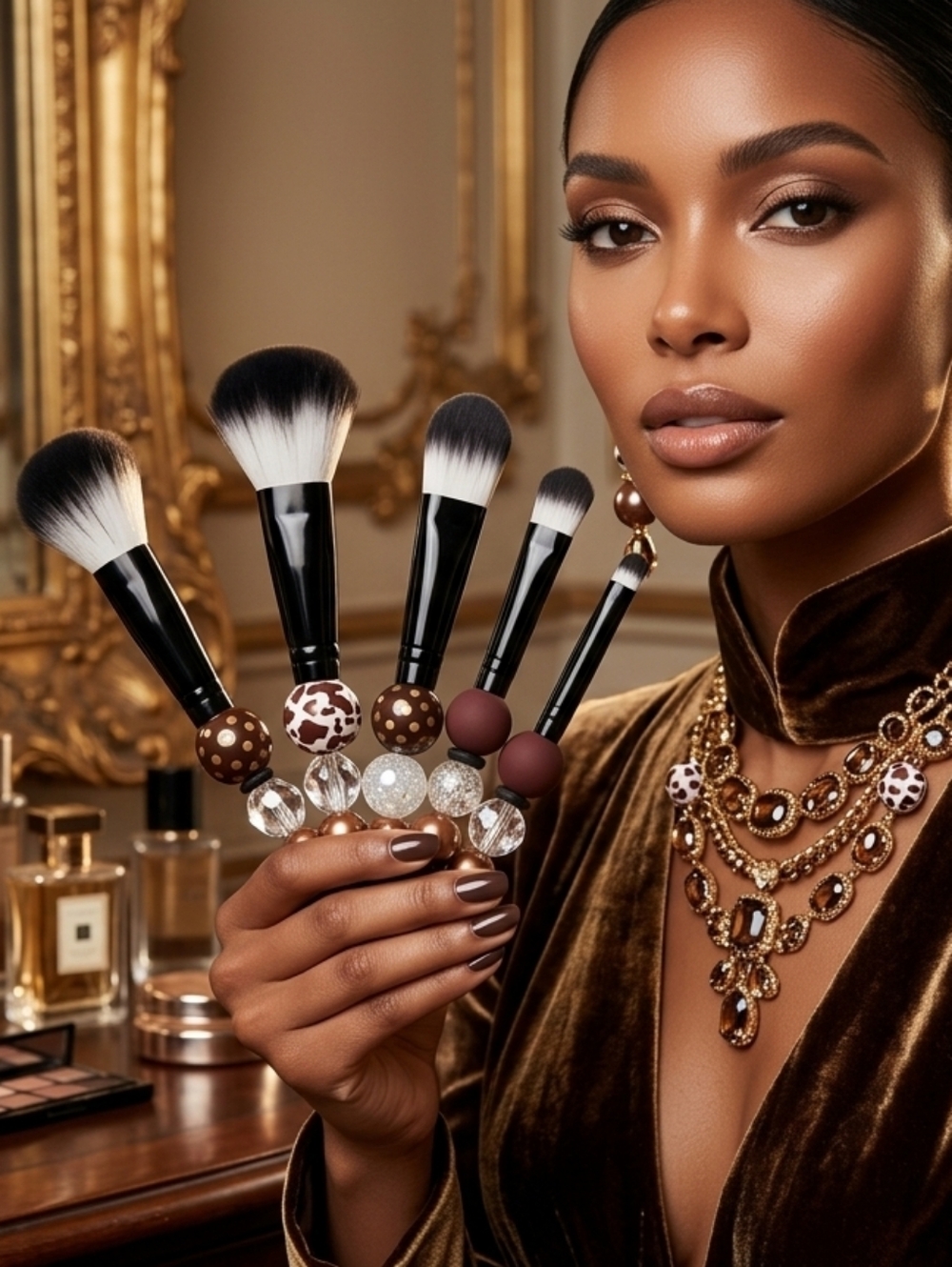 Handcafted Black Beaded Make Up Brush Set With Gift Box & Tag - NIP